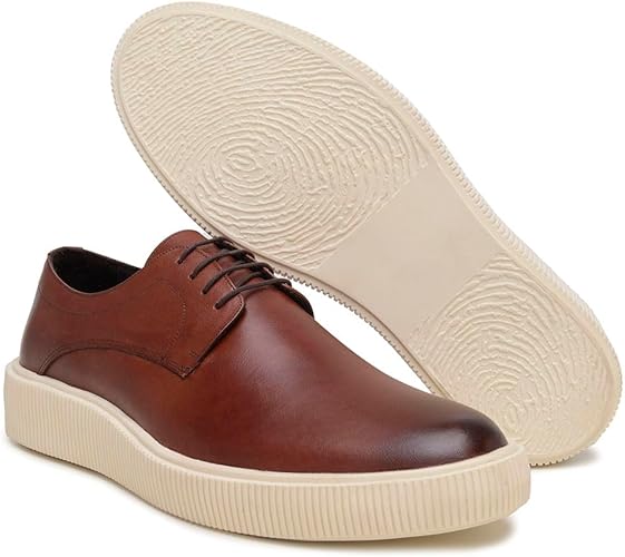 Turunelli Calçados | Derby Masculino Solado Konna Off White | Couro Cor Whisky, Sapato Social em Couro Bovino Legítimo, Forrado em Couro, Palmilha em Gel, Solado Micro Expandido Off White, Cadarço Encerado, Numeração 37-45