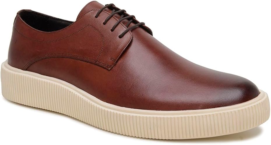 Turunelli Calçados | Derby Masculino Solado Konna Off White | Couro Cor Whisky, Sapato Social em Couro Bovino Legítimo, Forrado em Couro, Palmilha em Gel, Solado Micro Expandido Off White, Cadarço Encerado, Numeração 37-45