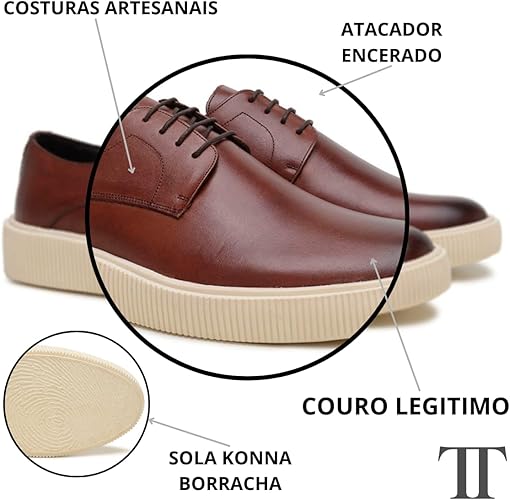 Turunelli Calçados | Derby Masculino Solado Konna Off White | Couro Cor Whisky, Sapato Social em Couro Bovino Legítimo, Forrado em Couro, Palmilha em Gel, Solado Micro Expandido Off White, Cadarço Encerado, Numeração 37-45